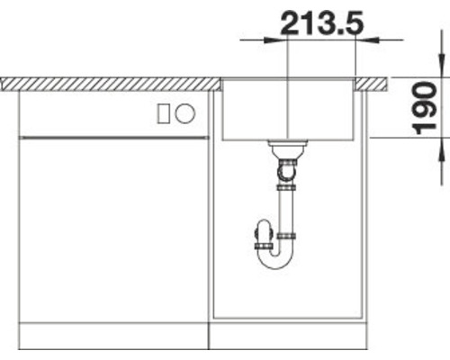 Technische tekening van een spoelbak met maatvoering