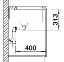 Schets van een wastafel met afmetingen voor installatie