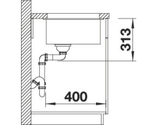 Schets van een wastafel met afmetingen voor installatie