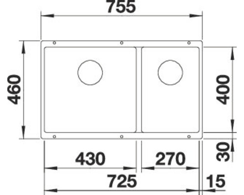 Afbeelding van een spoelbak met afmetingen