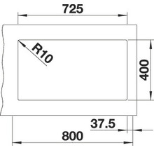 Technische tekening met maatvoering: 725, 400, 800, 37.5 en R10