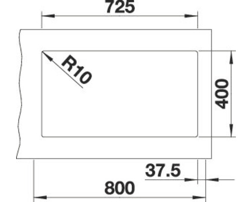 Technische tekening met maatvoering: 725, 400, 800, 37.5 en R10