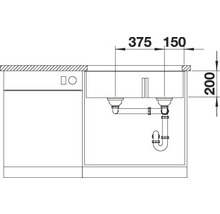 Technische tekening van een spoelbakonderkast met dubbele spoelbak en sifon met maataanduidingen.