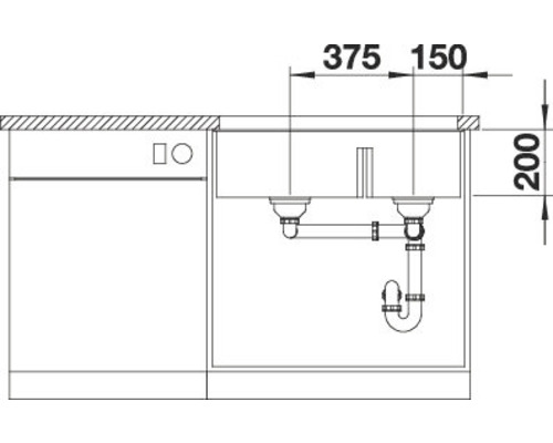 Technische tekening van een spoelbakonderkast met dubbele spoelbak en sifon met maataanduidingen.