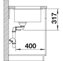 Tekening van een gootsteen met afmetingen 317 en 400