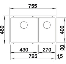 Technische tekening van een spoelbak met twee kommen en maatvoering