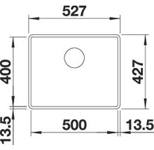 Technische tekening van een spoelbak met afmetingen