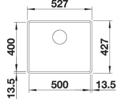 Technische tekening van een spoelbak met afmetingen