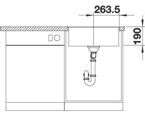 Technische tekening van een aanrechtspoelbak met afmetingen