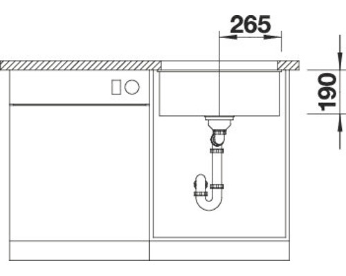 Technische tekening van een wasbak met de afmetingen 265 millimeter en 190 millimeter.