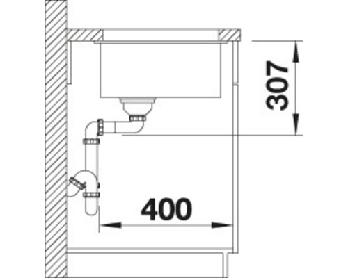 Technische tekening van een spoeltafel met de afmetingen 400 en 307