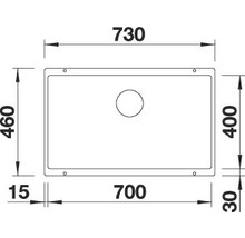 Tekening van een spoelbak met de afmetingen 730, 700, 460, 400, 30 en 15