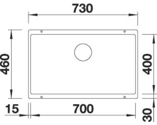 Tekening van een spoelbak met de afmetingen 730, 700, 460, 400, 30 en 15