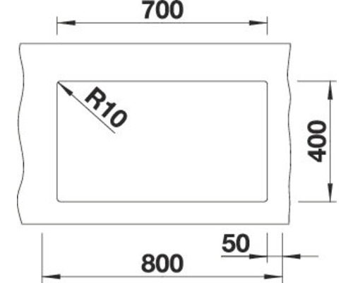 Technische tekening met maatvoering: lengte 800, breedte 700, hoogte 400, diepte 50 en hoekradius R10.