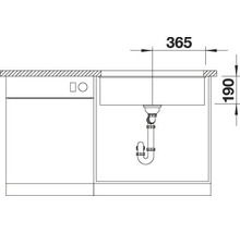 Technische tekening van een spoelbak met de afmetingen 365 en 190.
