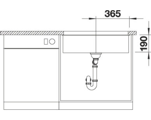 Technische tekening van een spoelbak met de afmetingen 365 en 190.