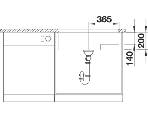 Schets van een gootsteen met afmetingen