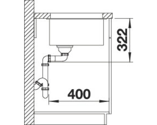 Technische tekening van een spoelbak met afmetingen 322 en 400.