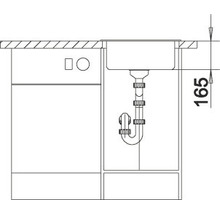 Technische tekening van een spoelbakonderkast met sifon en afmeting 165