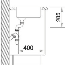 Schets van een spoelbak met afmetingen van 285 en 400 millimeter