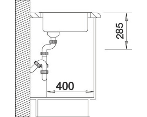 Schets van een spoelbak met afmetingen van 285 en 400 millimeter