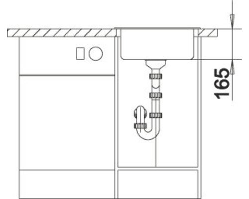 Technische tekening van een wastafel met onderkast en sifon, maatvoering 165 millimeter