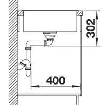 Schets van een gootsteen met sifon en de afmetingen 400 en 302 millimeter.