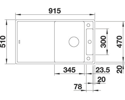 Tekening van een gootsteen met maatvoering.