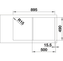 Tekening van een spoelbak met de afmetingen 895 x 490 millimeter