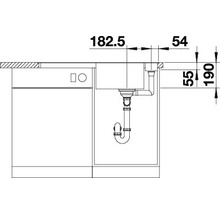 Technische tekening van een spoelbak met afmetingen
