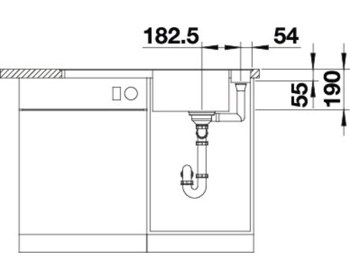 Technische tekening van een spoelbak met afmetingen