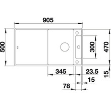 Tekening van een spoelbak met afmetingen.