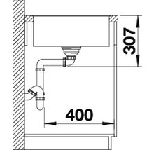 Technische tekening van een spoelbak met afmetingen 307 en 400.