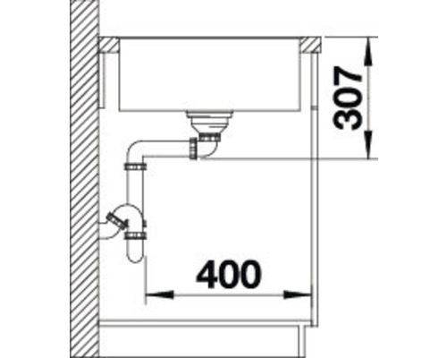 Technische tekening van een spoelbak met afmetingen 307 en 400.