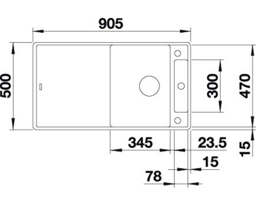 Tekening van een gootsteen met afmetingen