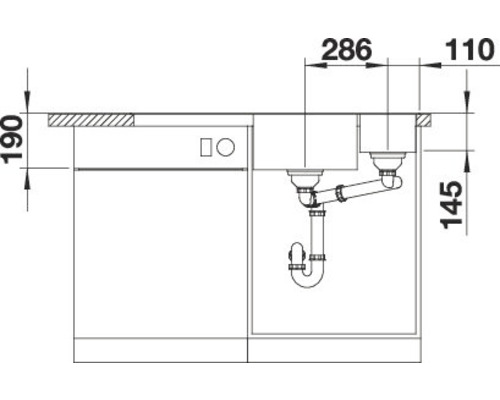 Technische tekening van een spoelbak met de afmetingen 286, 110, 190 en 145.