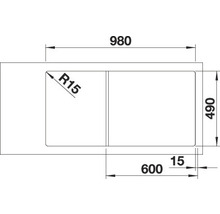 Technische tekening van een spoelbak met afmetingen van 980 x 490 mm