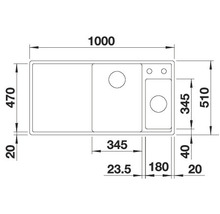 Technische tekening van een spoelbak met afmetingen