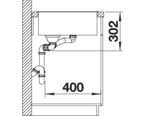 Tekening van een spoelbak met afvoerpijp en maatvoering