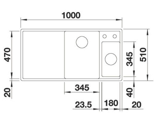 Maattekening van een spoelbak met afdruiprek en de afmetingen lengte 1000 mm, breedte 470 mm en hoogte 20 mm.