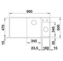 Tekening van een spoelbak met de afmetingen 990, 470, 500, 345, 180, 35, 23,5 en 15