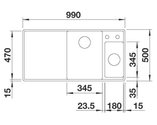 Tekening van een spoelbak met de afmetingen 990, 470, 500, 345, 180, 35, 23,5 en 15