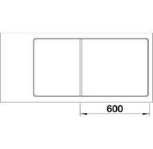 Technische tekening van een spoelbak met een breedte van 600 millimeter.