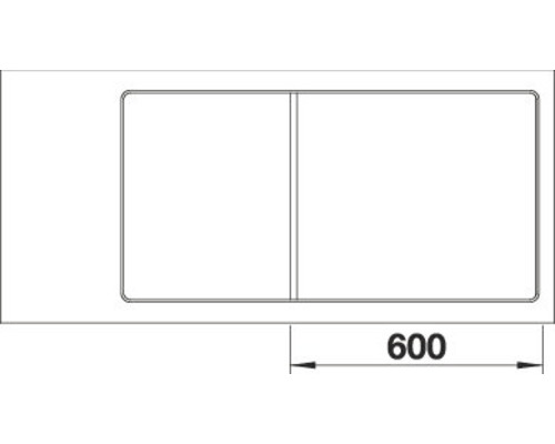 Technische tekening van een spoelbak met een breedte van 600 millimeter.