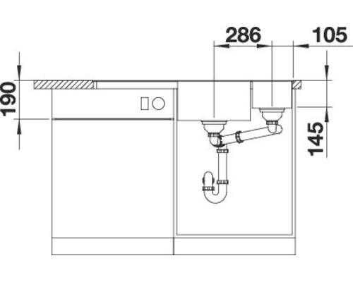 Technische tekening van een spoelbak met afmetingen