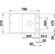 Maattekening van een spoelbak met de afmetingen 780 x 510 mm