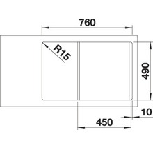 Technische tekening van een spoelbak met de afmetingen 760, 490, 450, 10 en de radius R15.