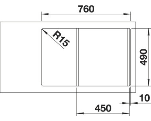 Technische tekening van een spoelbak met de afmetingen 760, 490, 450, 10 en de radius R15.