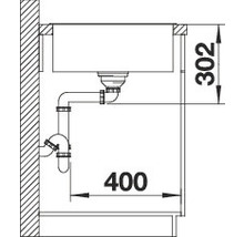 Technische tekening van een gootsteen met afmetingen 400 en 302