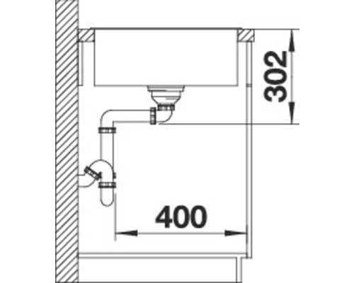 Technische tekening van een gootsteen met afmetingen 400 en 302